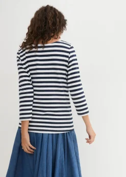 bonprix bonprix Camiseta con escote barco Blanco-azul marino con rayas Sale