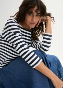 bonprix bonprix Camiseta con escote barco Blanco-azul marino con rayas Sale