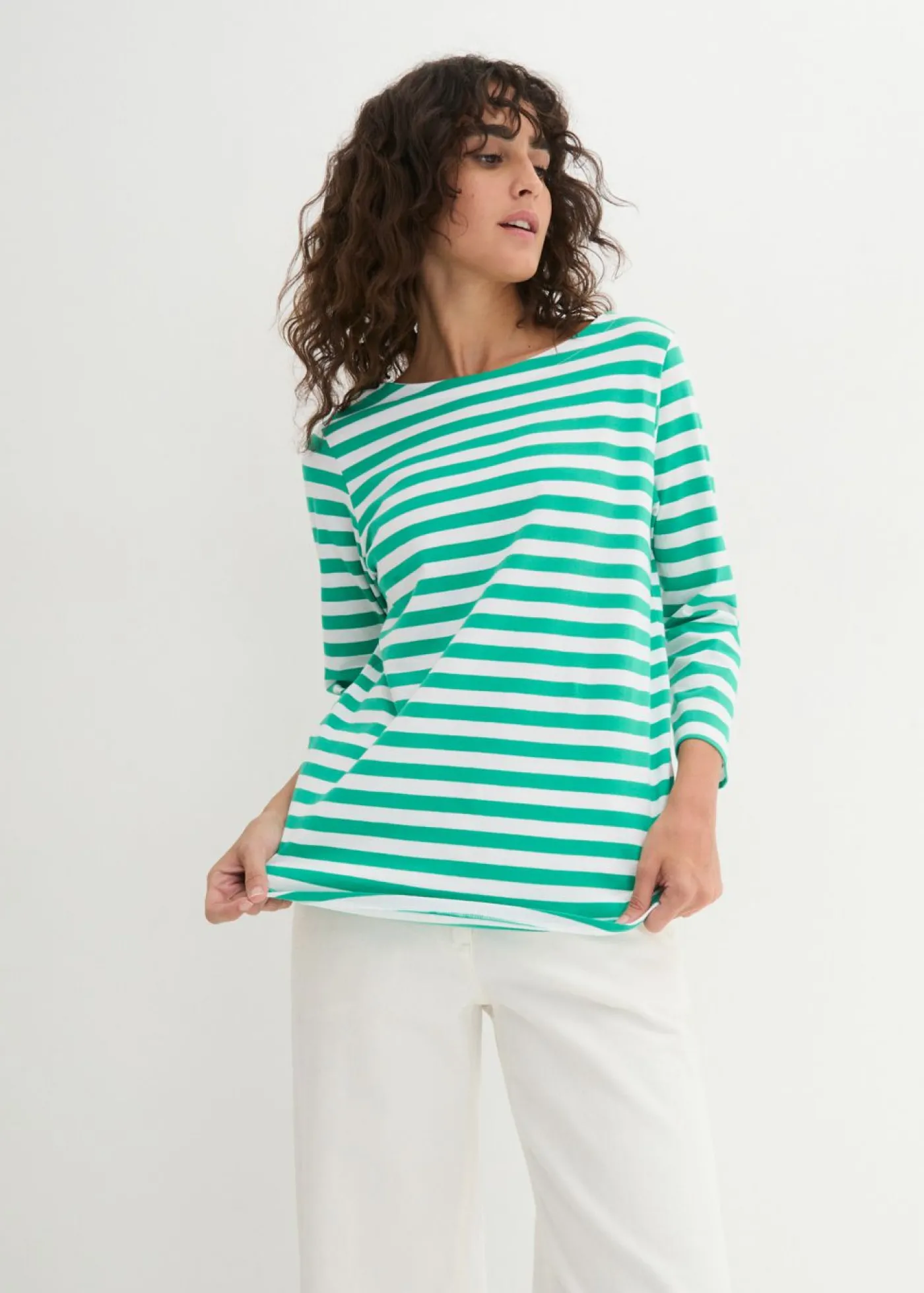 bonprix bonprix Camiseta con escote barco jade / blanco con rayas