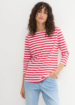bonprix bonprix Camiseta con escote barco rojo/blanco con rayas Hot