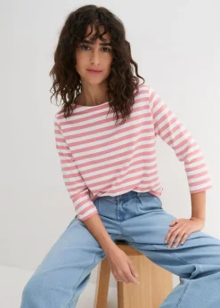 bonprix bonprix Camiseta con escote barco rosa ahumado/blanco con rayas Hot
