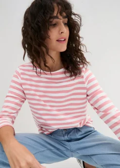 bonprix bonprix Camiseta con escote barco rosa ahumado/blanco con rayas Hot