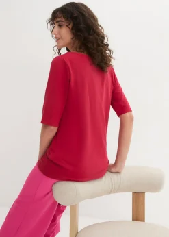 bonprix bonprix Camiseta con escote en U y media manga Rojo New