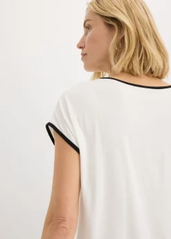 bonprix bonprix Camiseta con estampado colocado y ribete en contraste Blanco lana-negro