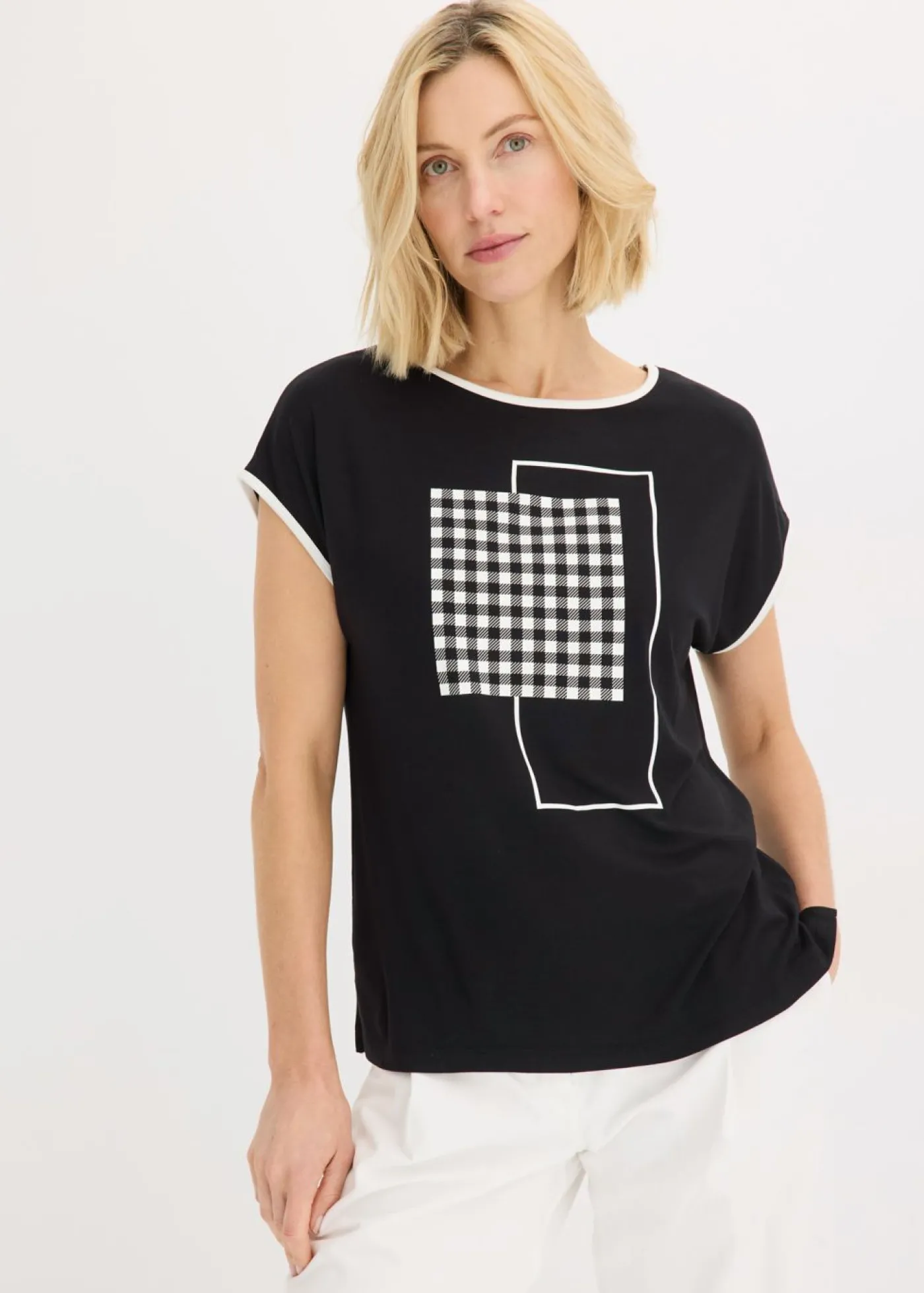bonprix bonprix Camiseta con estampado colocado y ribete en contraste Negro-blanco lana Hot