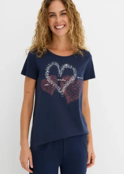 bonprix bonprix Camiseta con estampado de corazón de algodón orgánico Azul marino estampado