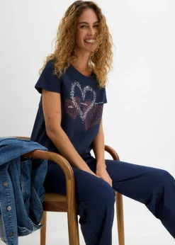 bonprix bonprix Camiseta con estampado de corazón de algodón orgánico Azul marino estampado