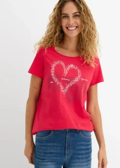 bonprix bonprix Camiseta con estampado de corazón de algodón orgánico Granate estampado