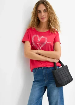bonprix bonprix Camiseta con estampado de corazón de algodón orgánico Granate estampado