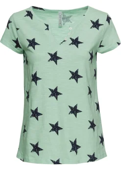 bonprix bonprix Camiseta con estampado de estrellas y algodón puro Verde-azul oscuro estampado
