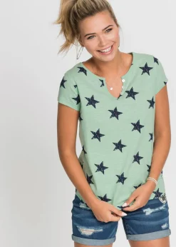bonprix bonprix Camiseta con estampado de estrellas y algodón puro Verde-azul oscuro estampado