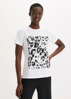 bonprix bonprix Camiseta con estampado de leopardo y purpurina estampado leo blanco-beige-negro-marrón grisáceo Discount