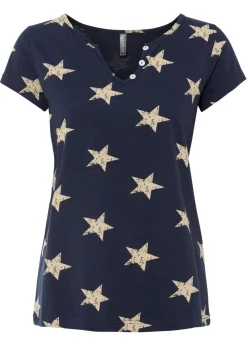 bonprix bonprix Camiseta con estampado de estrellas y algodón puro Azul marino/beige estampado Best