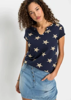 bonprix bonprix Camiseta con estampado de estrellas y algodón puro Azul marino/beige estampado Best