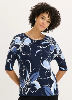 bonprix bonprix Camiseta con estampado de flores Azul marino-blanco lana de flores Best