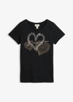 bonprix bonprix Camiseta con estampado de corazón de algodón orgánico Negro estampado Outlet