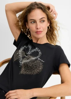 bonprix bonprix Camiseta con estampado de corazón de algodón orgánico Negro estampado Outlet