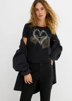 bonprix bonprix Camiseta con estampado de corazón de algodón orgánico Negro estampado Outlet