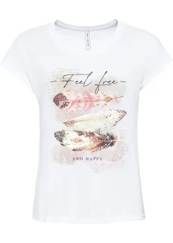 bonprix bonprix Camiseta con estampado de plumas Blanco Online