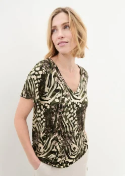 bonprix bonprix Camiseta con goma elástica Marrón grisáceo con estampado de leopardo