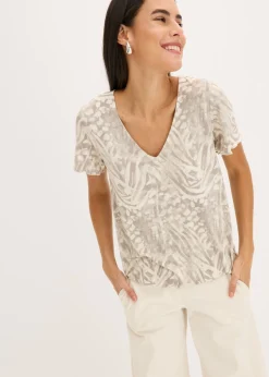 bonprix bonprix Camiseta con goma elástica Gris guijarro con estampado de leopardo Hot