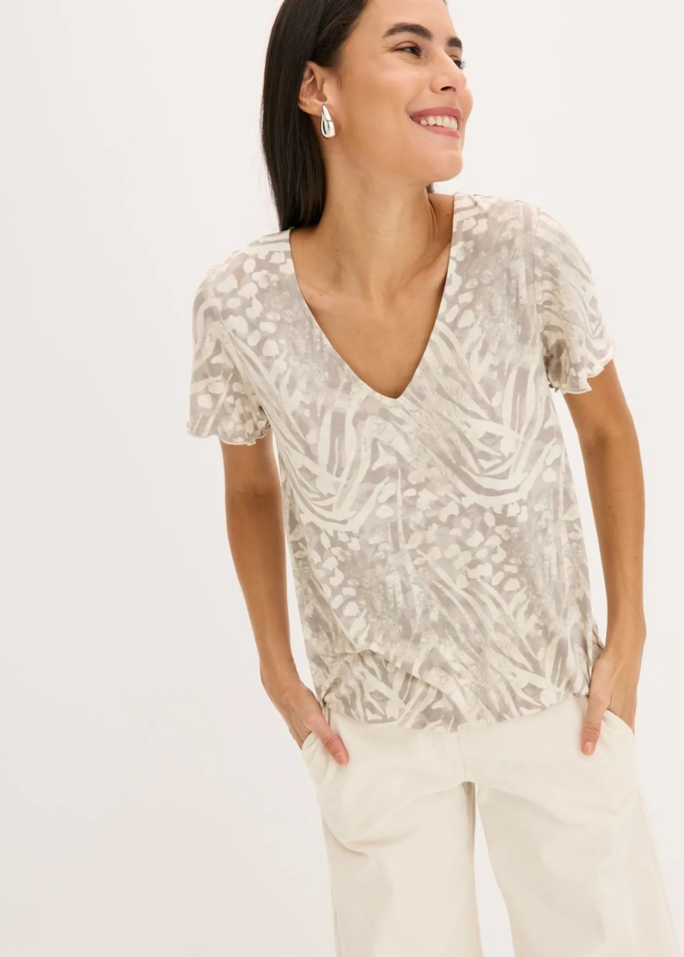 bonprix bonprix Camiseta con goma elástica Gris guijarro con estampado de leopardo Hot