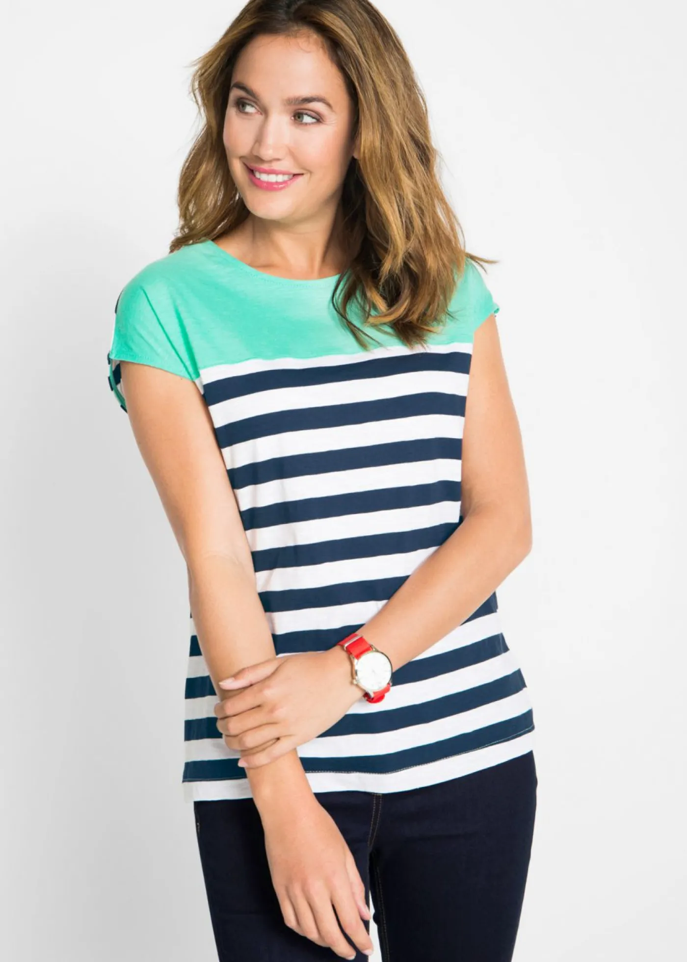 bonprix bonprix Camiseta con hilo flameado y manga corta Azul mentol de rayas Sale