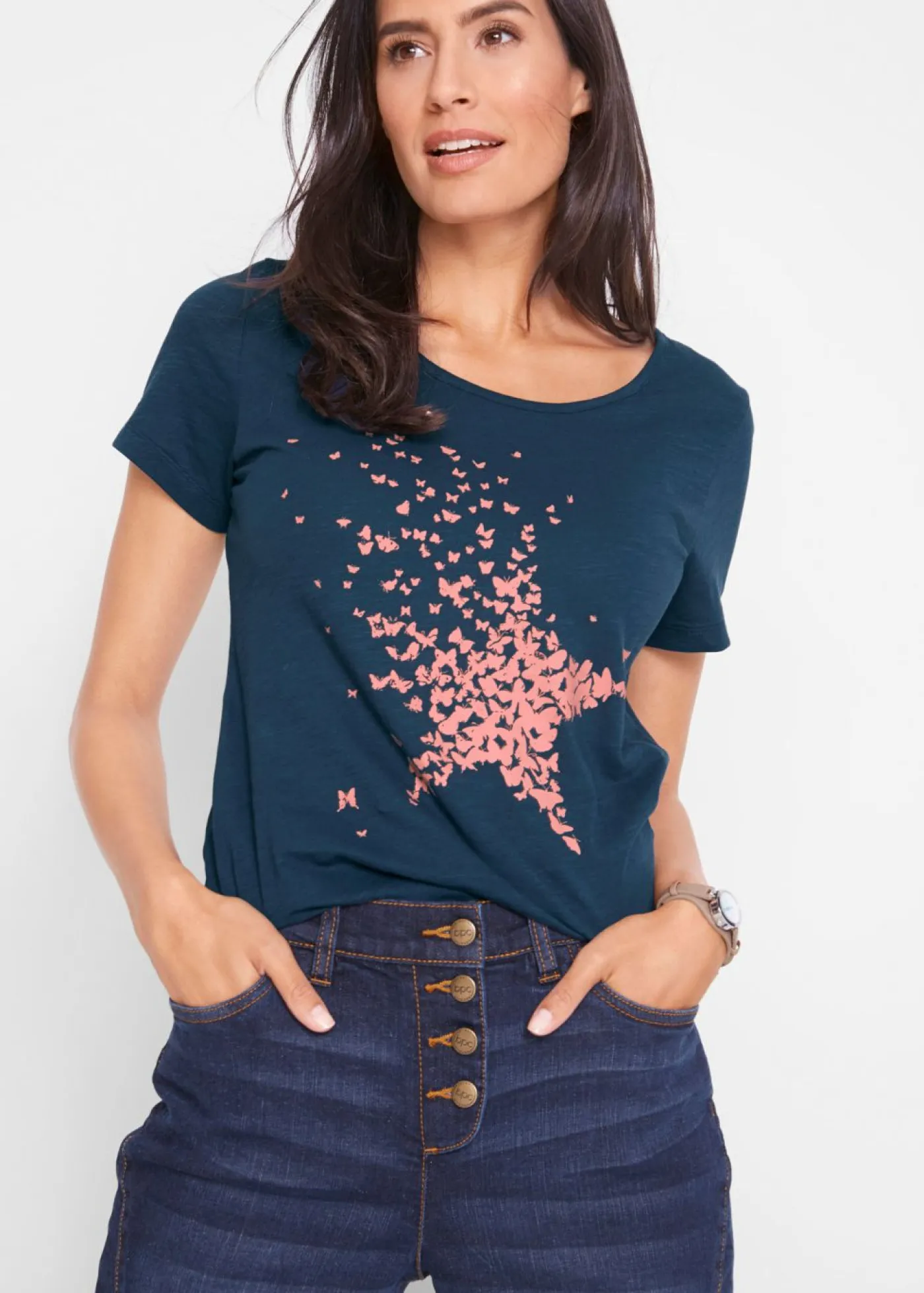 bonprix bonprix Camiseta con hilo flameado y manga corta Azul marino Best