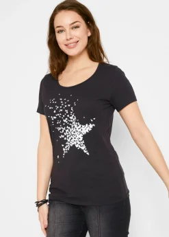 bonprix bonprix Camiseta con hilo flameado y manga corta Negro Outlet