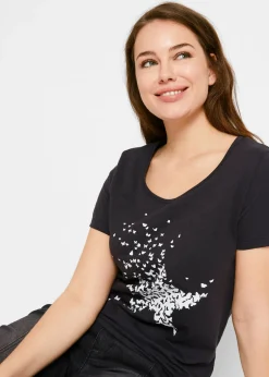 bonprix bonprix Camiseta con hilo flameado y manga corta Negro Outlet