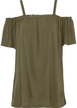 bonprix bonprix Camiseta con hombros al descubierto de viscosa suave Verde oliva oscuro Clearance