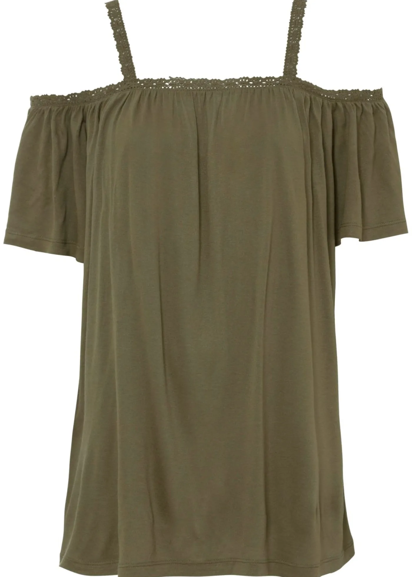 bonprix bonprix Camiseta con hombros al descubierto de viscosa suave Verde oliva oscuro Clearance