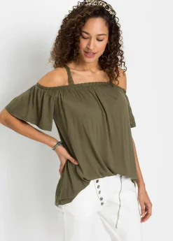 bonprix bonprix Camiseta con hombros al descubierto de viscosa suave Verde oliva oscuro Clearance