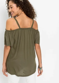 bonprix bonprix Camiseta con hombros al descubierto de viscosa suave Verde oliva oscuro Clearance