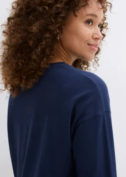 bonprix bonprix Camiseta con inserto de blusa de algodón orgánico puro Azul marino + blanco lana Outlet