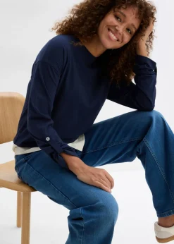 bonprix bonprix Camiseta con inserto de blusa de algodón orgánico puro Azul marino + blanco lana Outlet