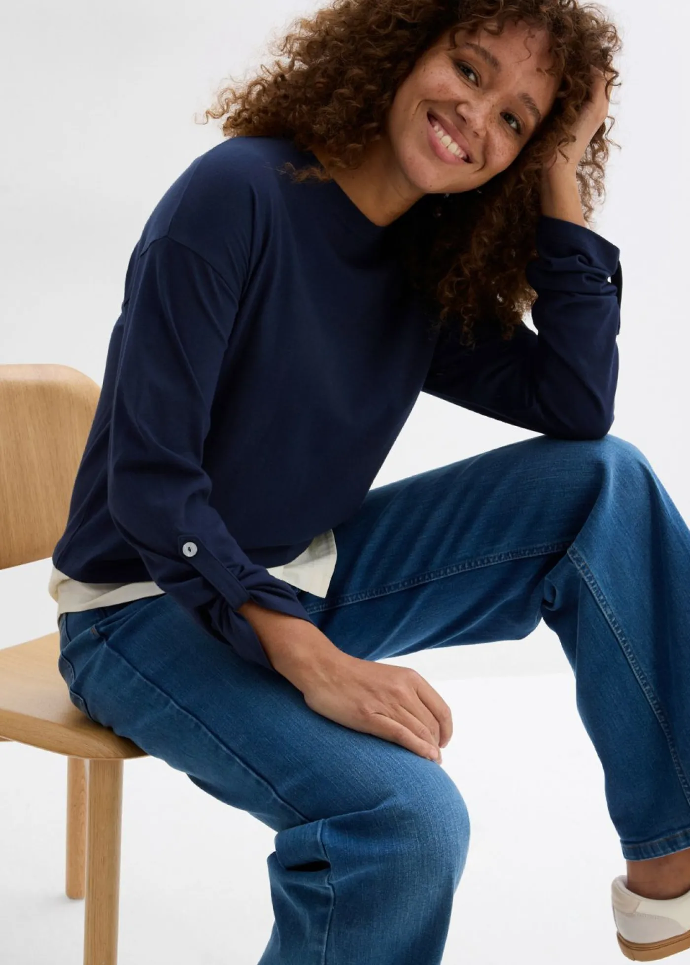 bonprix bonprix Camiseta con inserto de blusa de algodón orgánico puro Azul marino + blanco lana Outlet