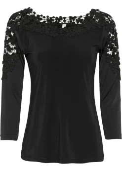bonprix bonprix Camiseta con inserto de ganchillo y mangas 3/4 Negro Outlet