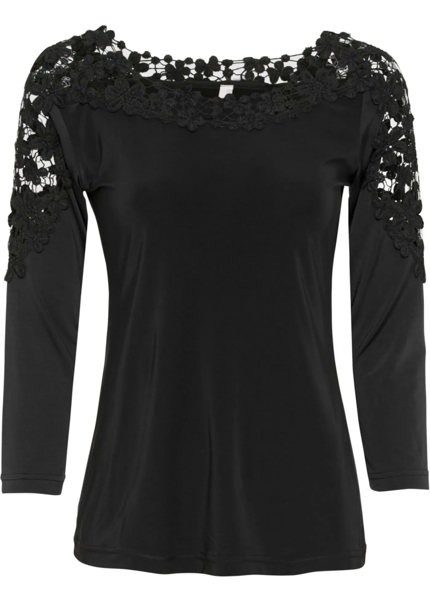 bonprix bonprix Camiseta con inserto de ganchillo y mangas 3/4 Negro Outlet