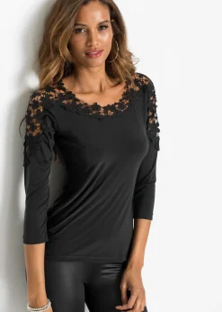 bonprix bonprix Camiseta con inserto de ganchillo y mangas 3/4 Negro Outlet