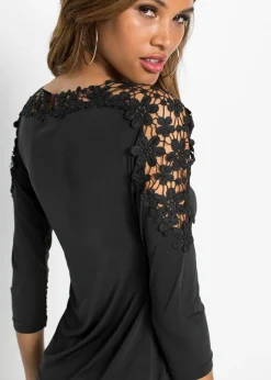 bonprix bonprix Camiseta con inserto de ganchillo y mangas 3/4 Negro Outlet