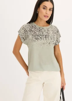 bonprix bonprix Camiseta con inserto de malla y piedras brillantes Verde alga Best