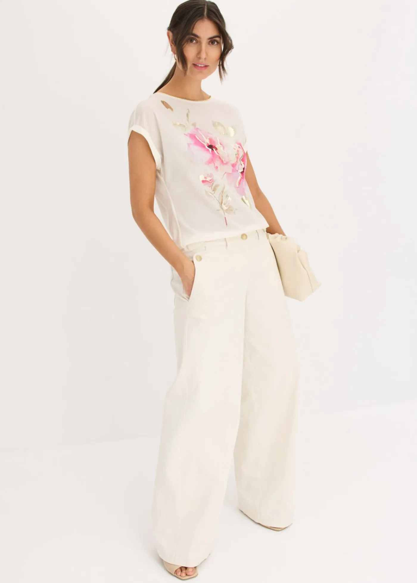 bonprix bonprix Camiseta con inserto de malla blanco lana-rosa caliente