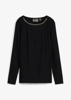 bonprix bonprix Camiseta con inserto de malla y piedras brillantes Negro Online