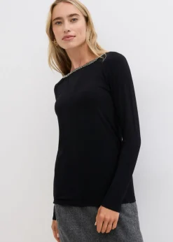 bonprix bonprix Camiseta con inserto de malla y piedras brillantes Negro Online