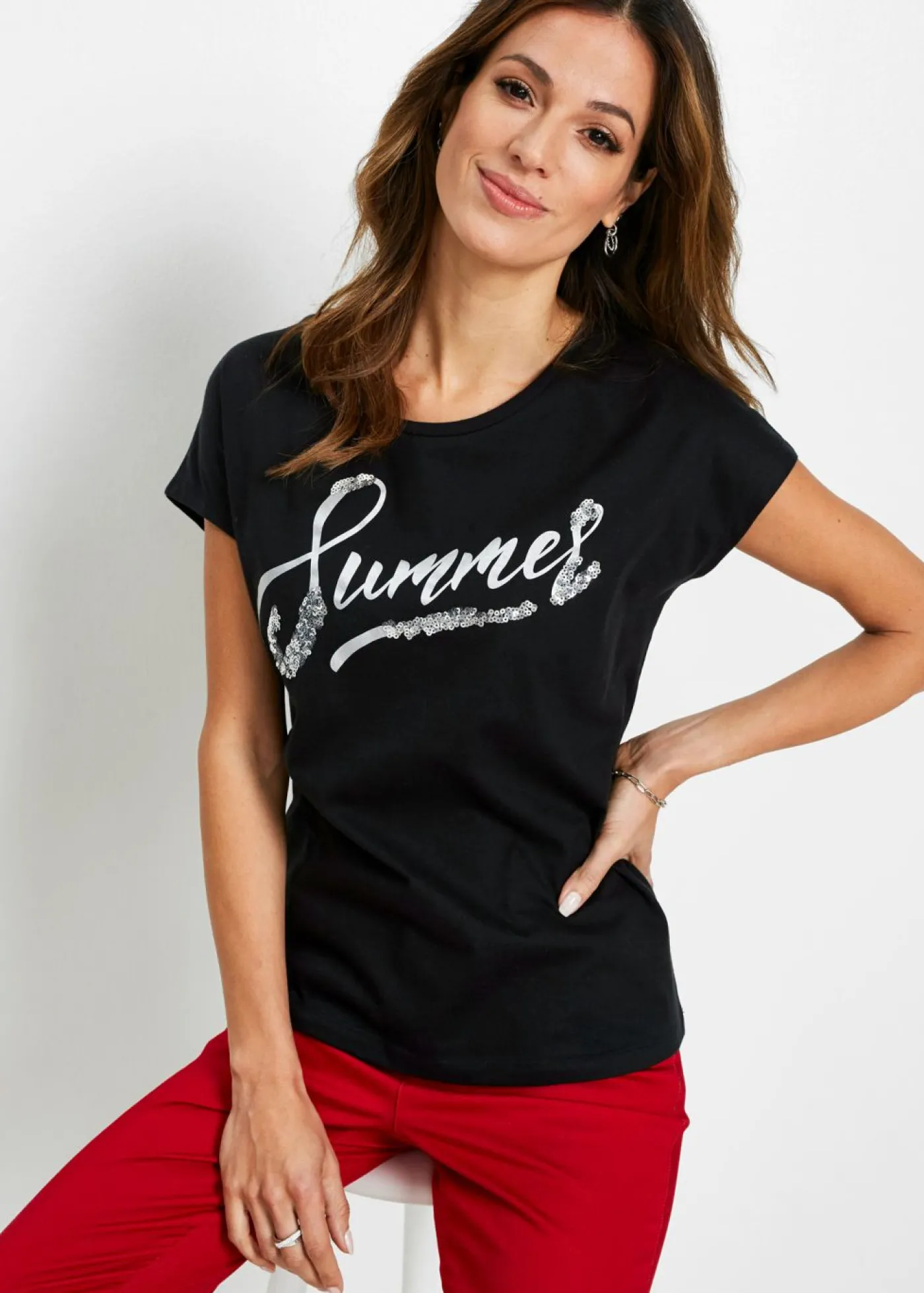 bonprix bonprix Camiseta con lentejuelas Negro-plata