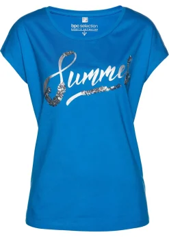 bonprix bonprix Camiseta con lentejuelas Azul mar/plata estampado Online