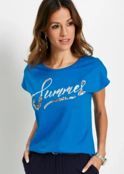 bonprix bonprix Camiseta con lentejuelas Azul mar/plata estampado Online