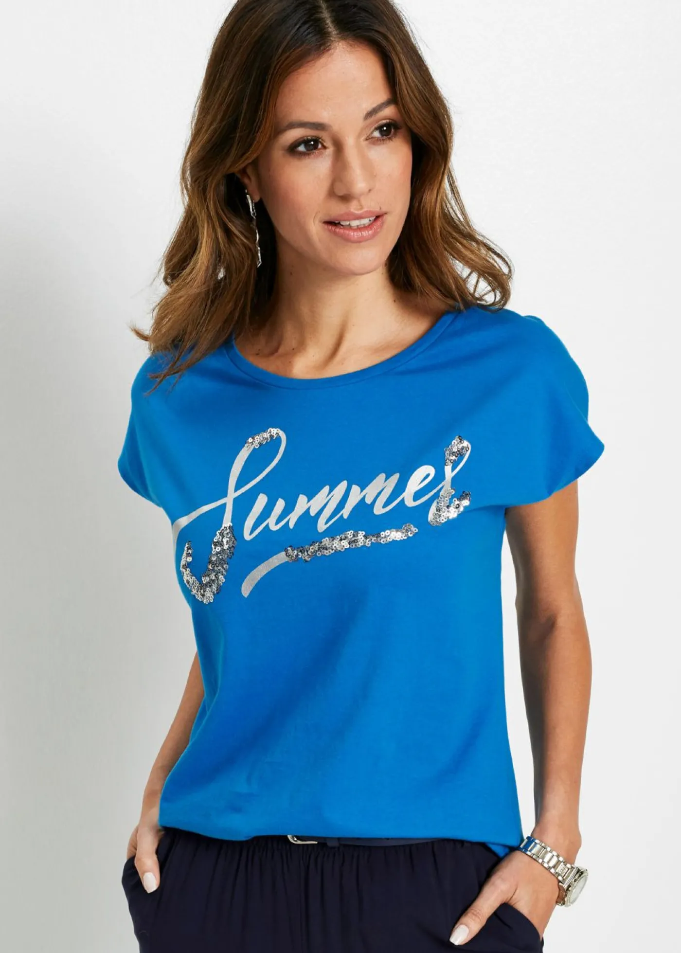 bonprix bonprix Camiseta con lentejuelas Azul mar/plata estampado Online