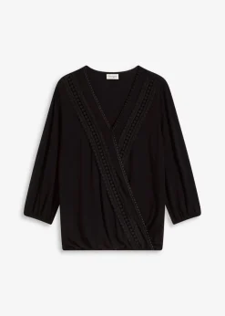 bonprix bonprix Camiseta con manga 3/4 y aspecto cruzado Negro Best